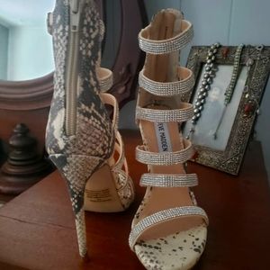 Snakeskin-Print Crystal Strap Heels – 4”